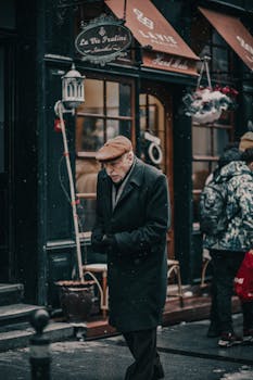 An elderly man walks past shopfronts on a snowy street, capturing winter's atmosphere.