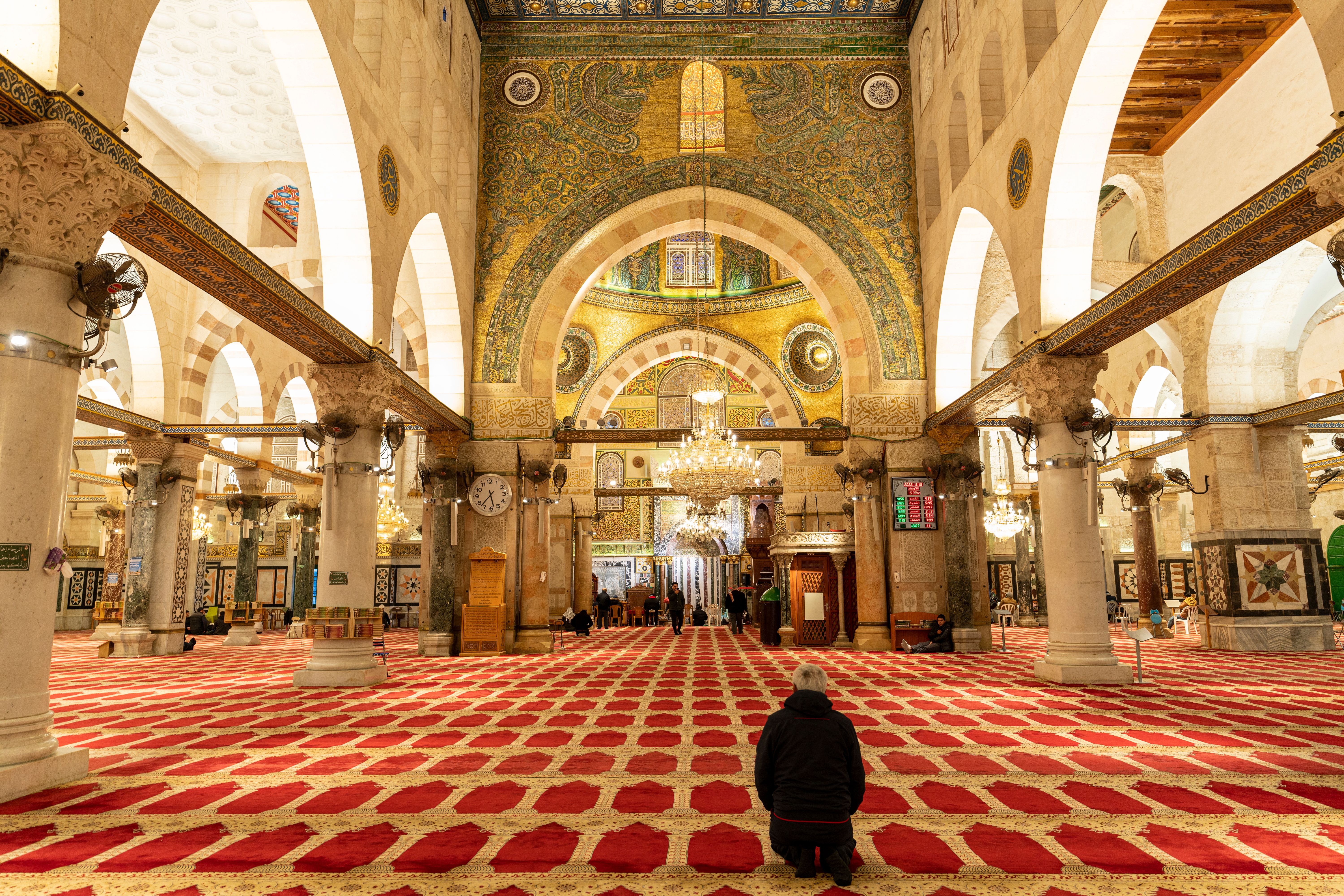 A captivating view of the Al-Aqsa Mosque's interior showcasing its stunning architecture and rich Islamic design.