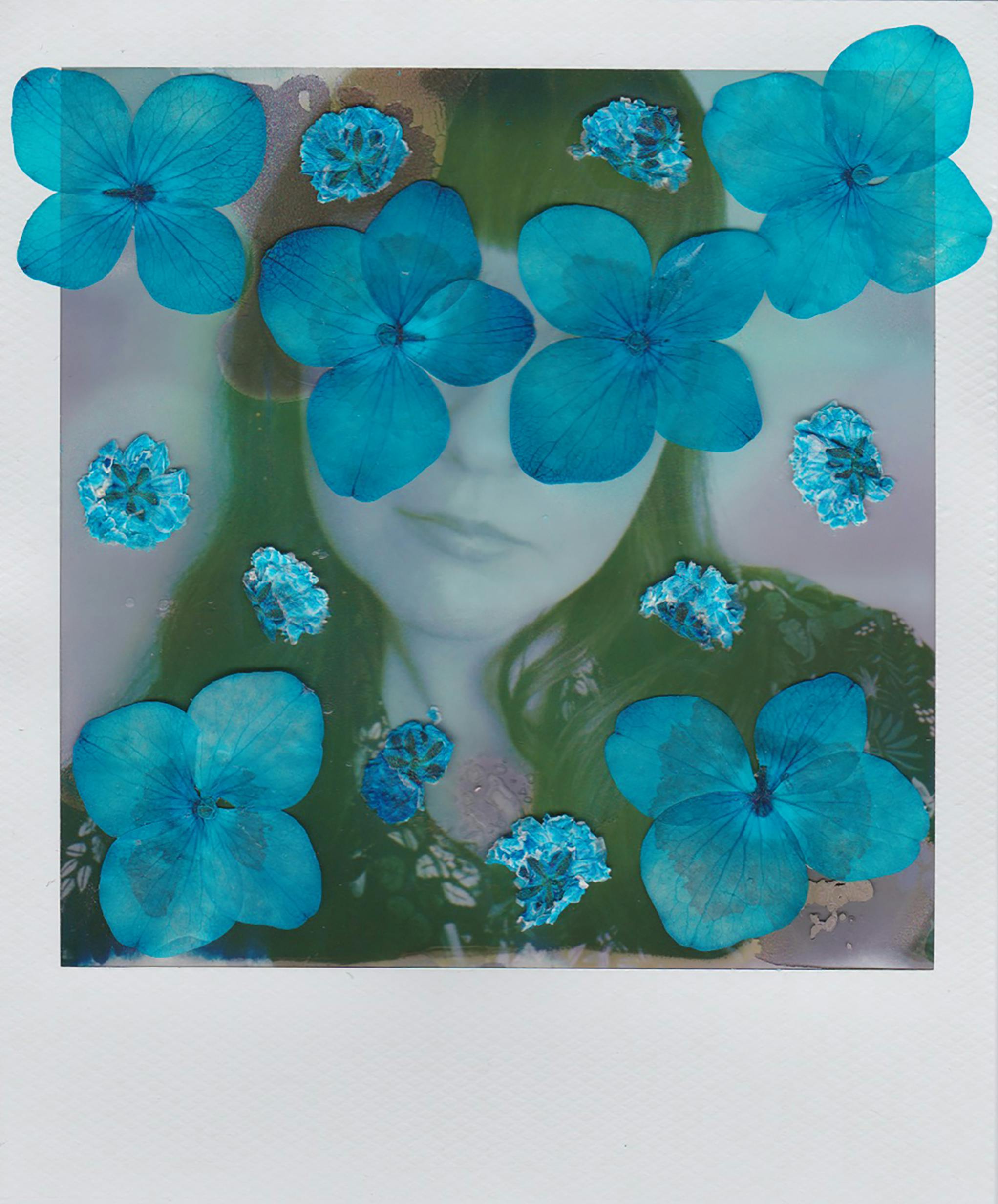 Surreal portrait with blue hydrangea flowers overlayed on a woman's face.