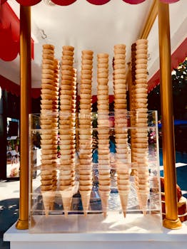 Tall stack of empty ice cream cones at a vibrant food stall in Dubai.