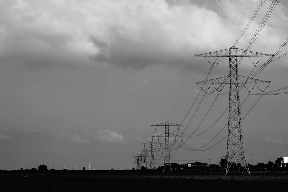 Black and white image of power lines stretching across a rural landscape under cloudy skies.