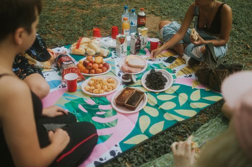 Free A group enjoying a variety of snacks during an outdoor picnic on a colorful blanket. Stock Photo