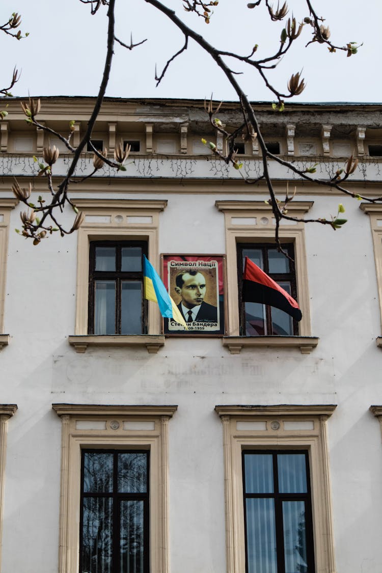 Ukrainian Flags Outside A Building