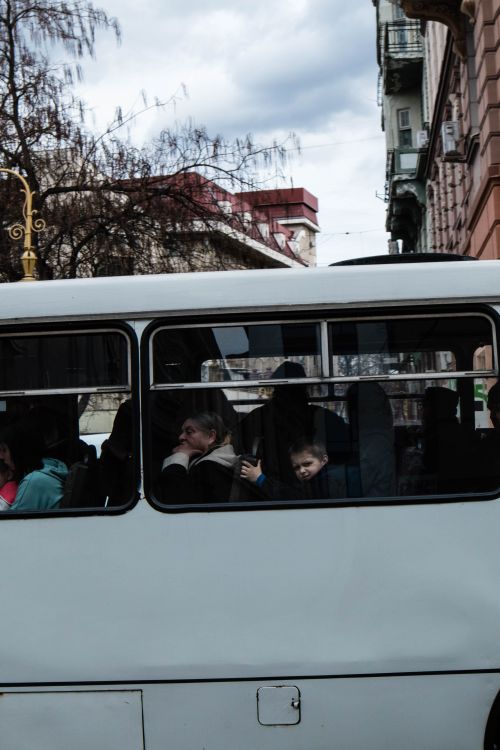 Free A candid shot of passengers inside a city bus with urban buildings in the background. Stock Photo