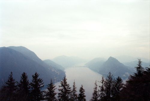 Free A serene misty view of Lake Lugano with surrounding mountains and conifer trees. Stock Photo