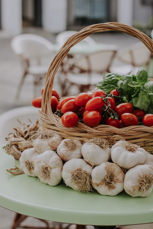 Free Fresh Basil and Tomatoes on a Basket Stock Photo