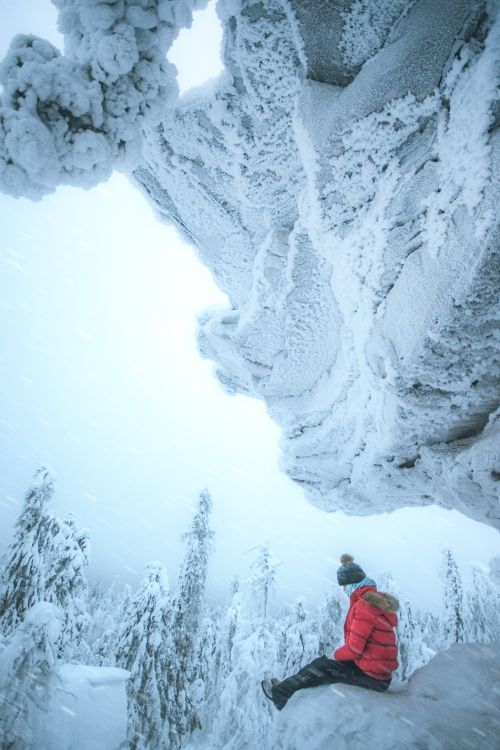 Free Person in red jacket sitting on snowy ledge amidst frozen trees and rock formations. Stock Photo