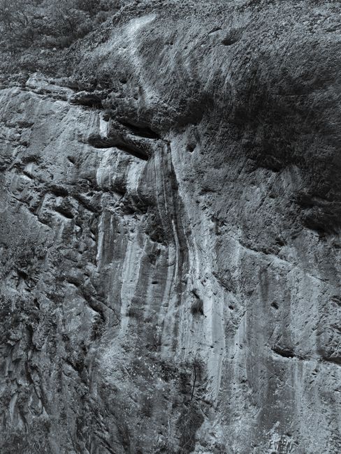 Detailed close-up of a rough, textured rock wall, showcasing natural erosion patterns.