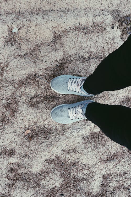 Person in Black Pants and Pair of Blue Sneakers