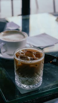 Close-up of a refreshing iced coffee with cream served in a café in Istanbul.