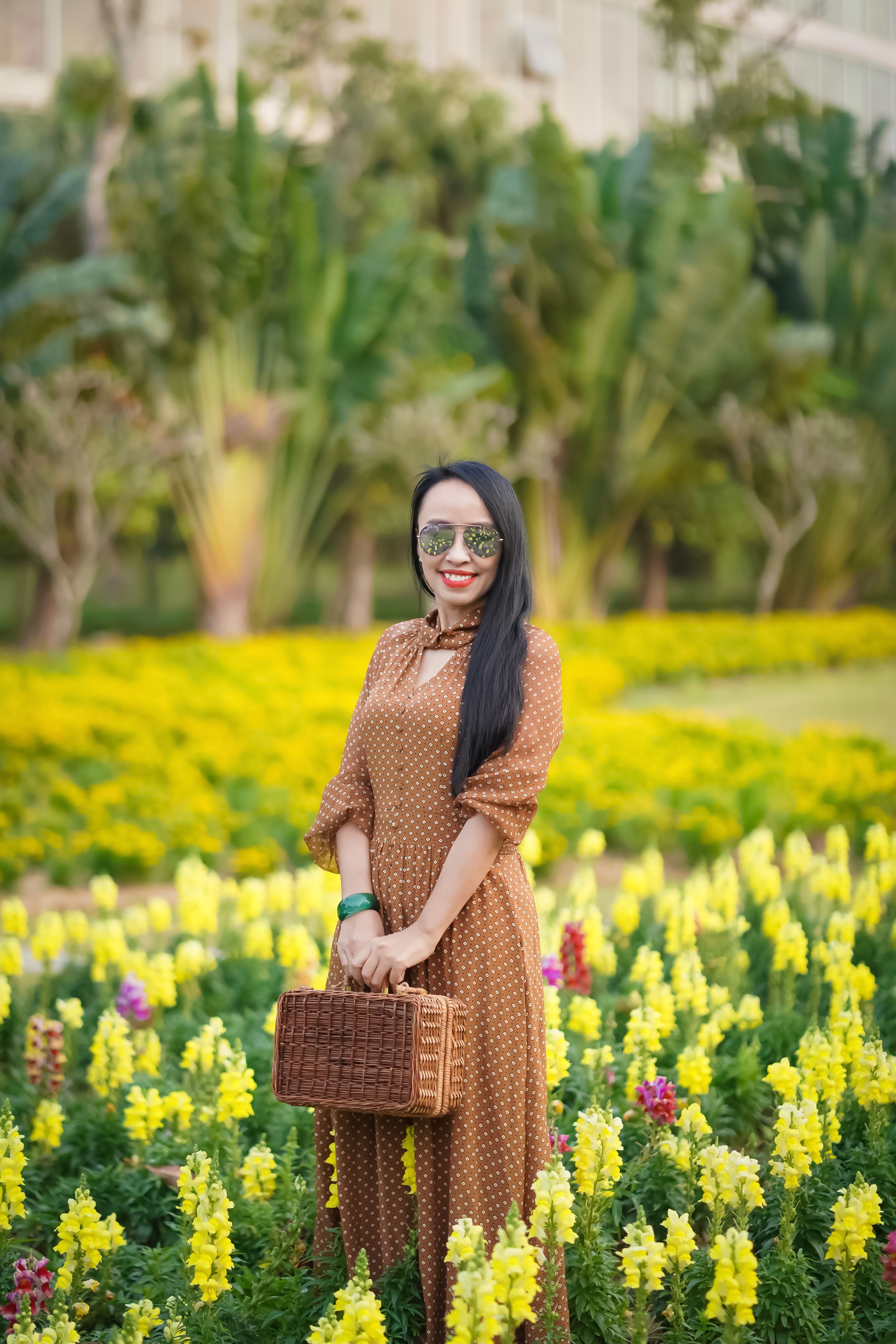 Beautiful Woman in Brown Dress standing on Flower Field · Free Stock Photo