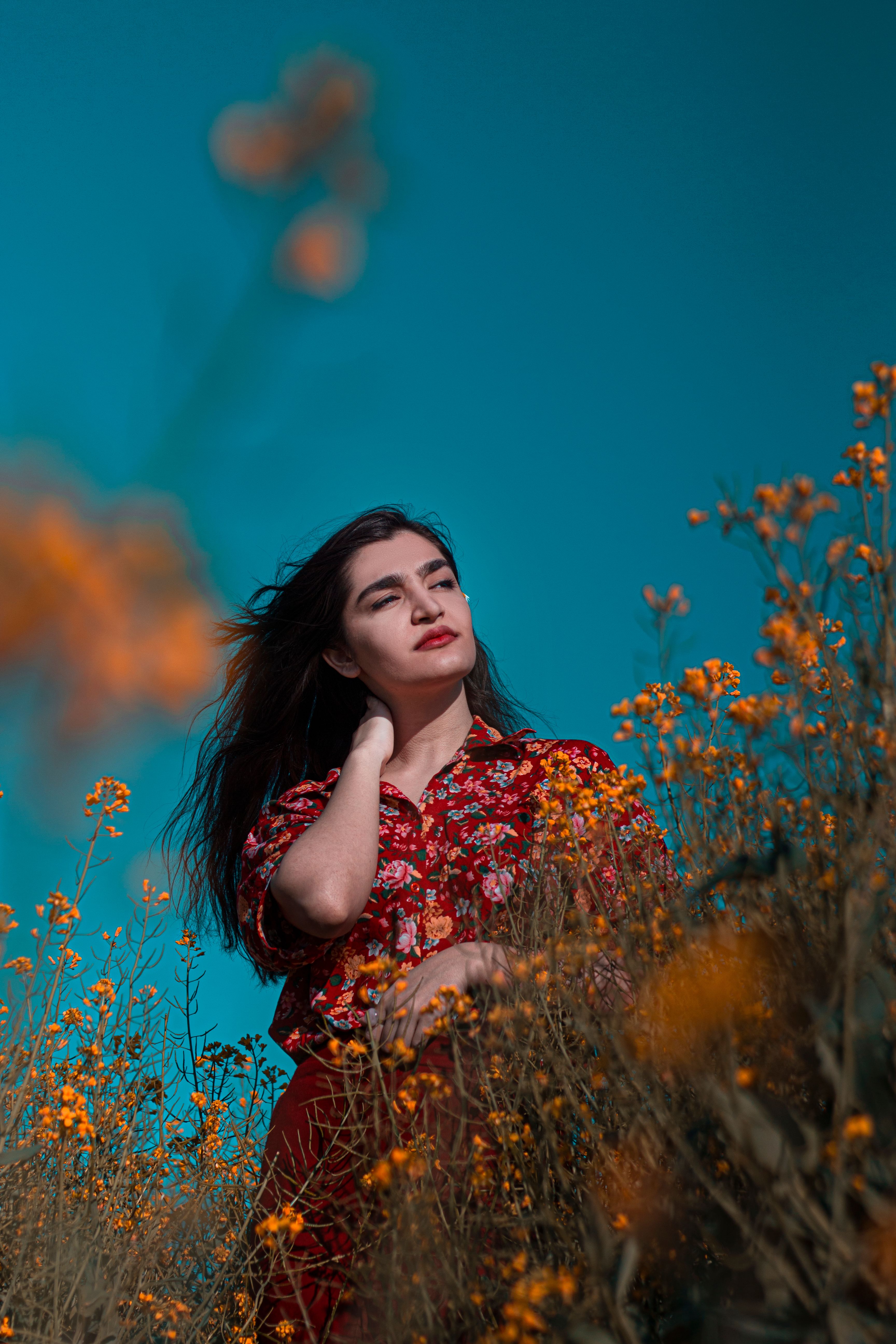A Woman in Red Floral Shirt Standing in the Flower Field · Free Stock Photo