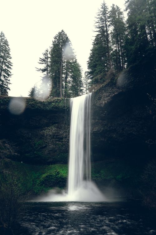 Free A serene waterfall cascading down a cliff surrounded by lush evergreen trees. Stock Photo