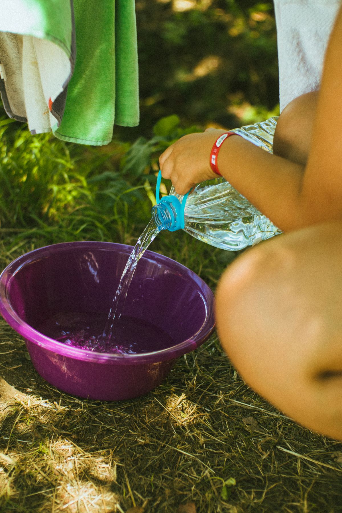 Outdoor camping water container and refill setup