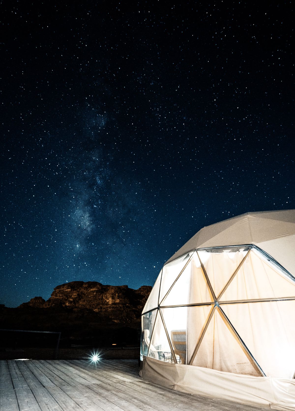 Starry night sky over a dome at a glamping site, perfect for stargazing