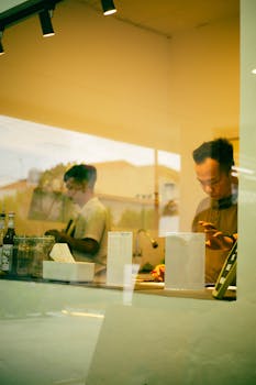 A glimpse into a busy cafe kitchen with two chefs working in Lampung, Indonesia.