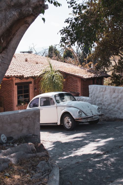Free Vintage Volkswagen Beetle parked next to a rustic house in a serene outdoor setting. Stock Photo