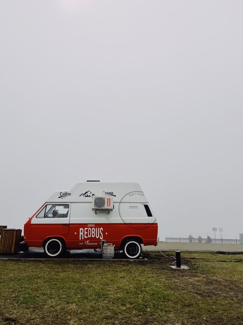 Free A red vintage van with painted text parked on a grassy area under an overcast sky. Stock Photo