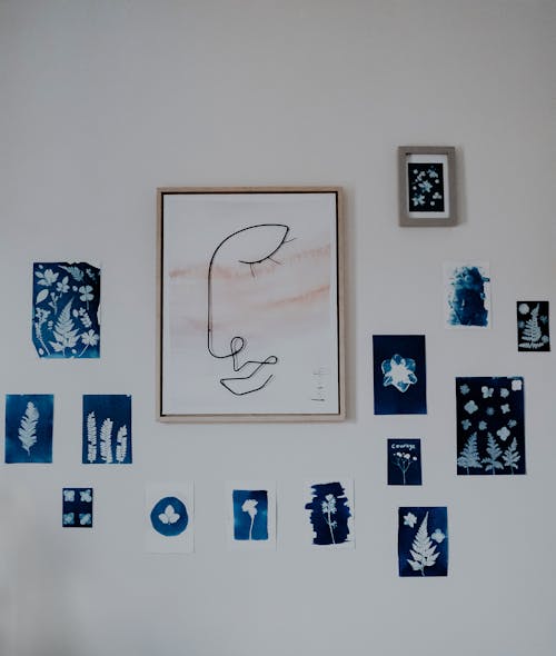 Free One Line Painting and Cyanotype Photos on a Wall Stock Photo
