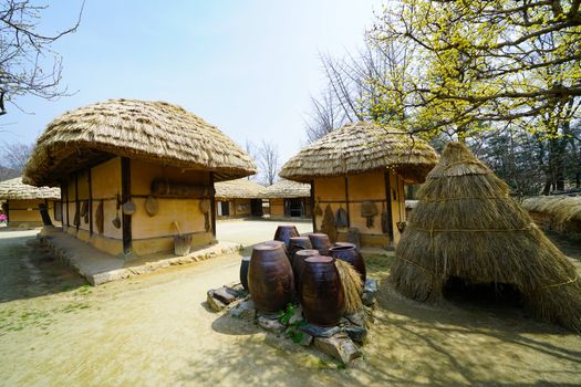 Charming traditional Korean village huts with straw roofs and vases in springtime. - Fotografer Sidoarjo
