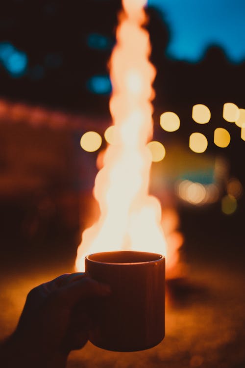 Photo of Person Holding Mug and Watching Bonfire