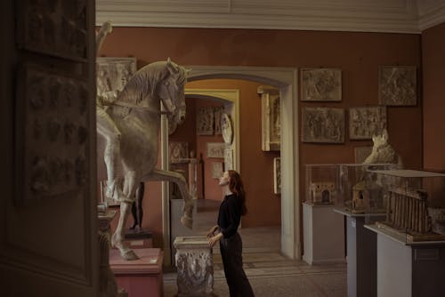 Woman Looking at a Horse Sculpture in a Museum