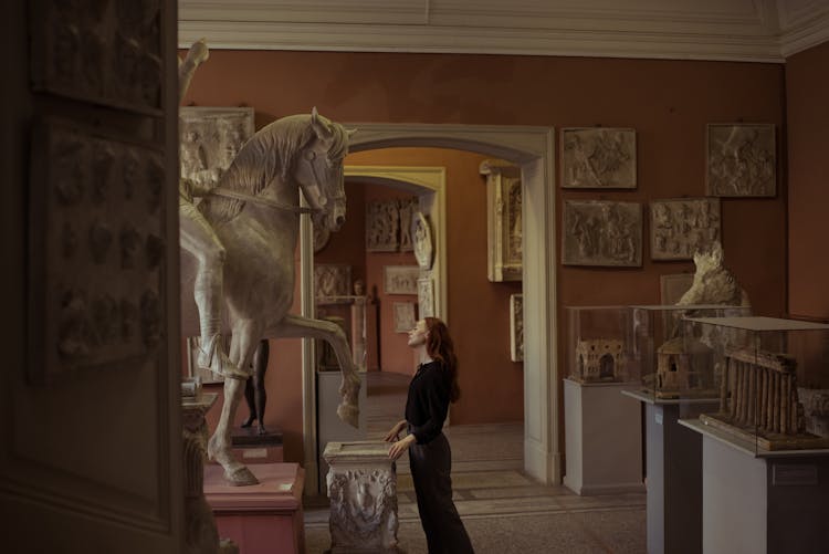 Woman Looking At A Horse Sculpture In A Museum