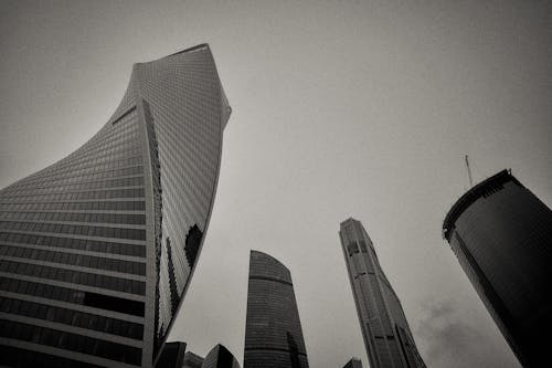 Grayscale Photo of the Evolution Tower in Moscow, Russia 