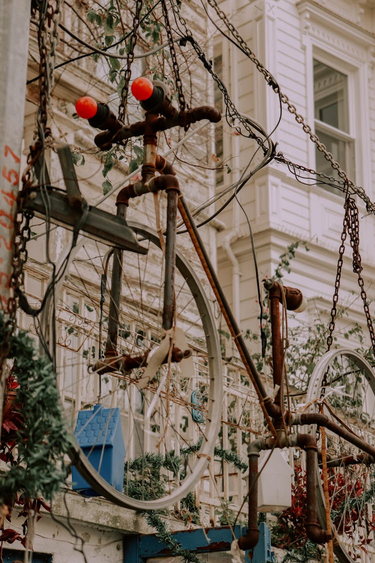 A Vintage Bicycle Hanging In The Garden