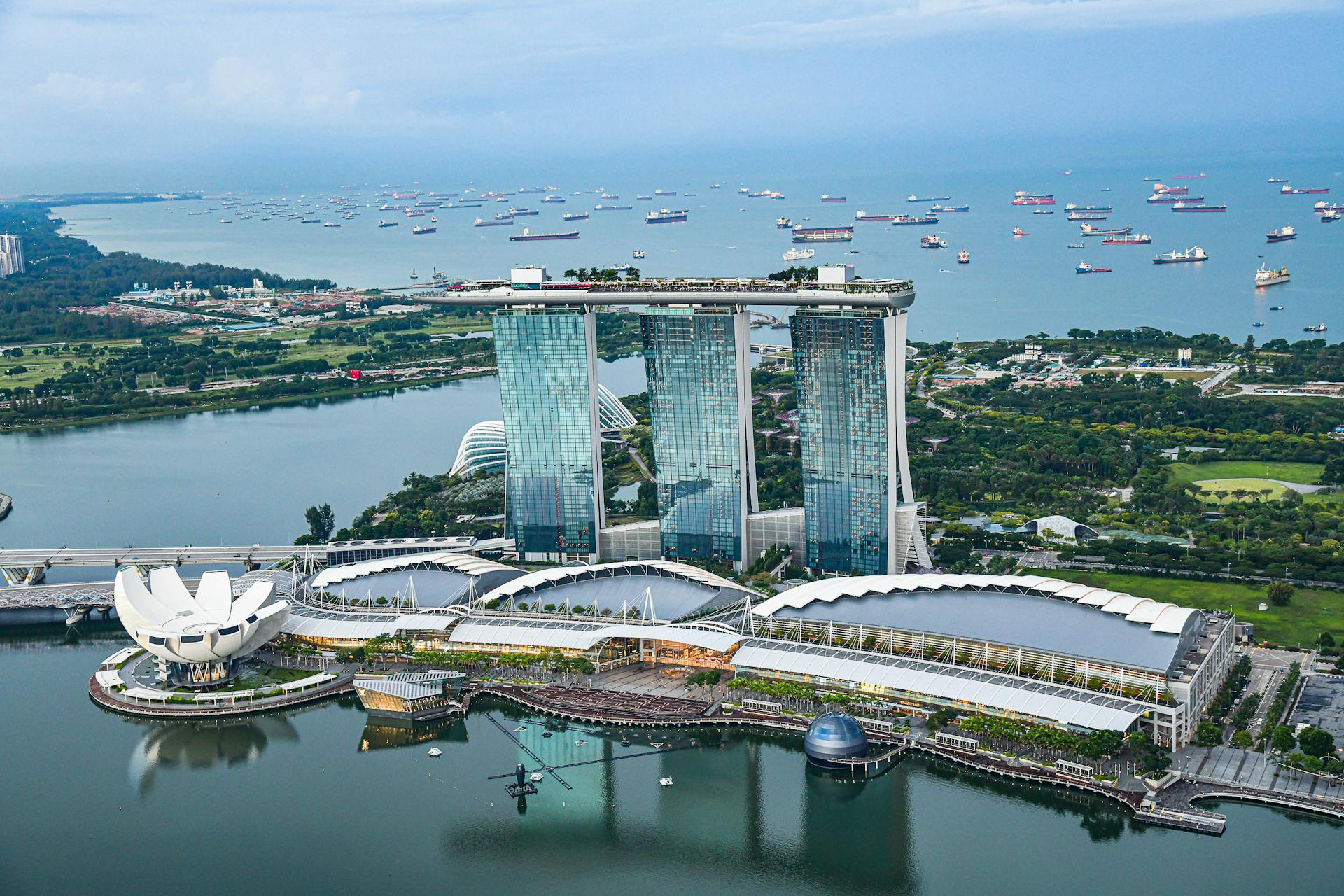 Stunning aerial view of Marina Bay Sands and Singapore waterfront.