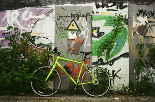 Parked Bicycle Leaning on Vandalized Wall