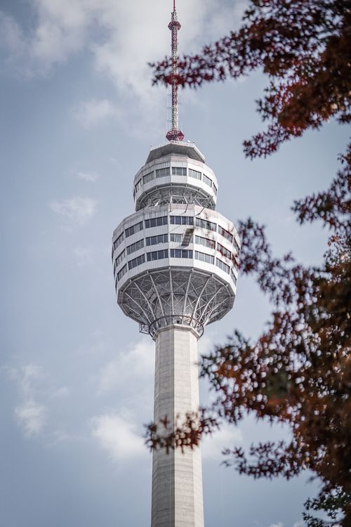 Free A vertical view of Daegu Tower framed by colorful autumn foliage against a clear sky. Stock Photo
