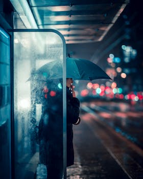 A woman with an umbrella stands at a rainy Warsaw bus stop at night, creating a moody street scene.