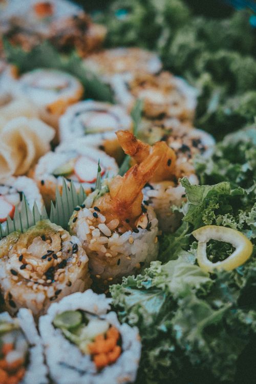 Free Close-up of sushi rolls with fresh ingredients, presented artistically with vibrant greens. Stock Photo