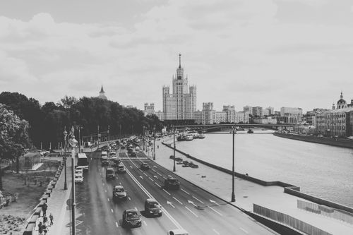 Free Aerial view of a bustling Moscow cityscape with traffic and river in black and white. Stock Photo