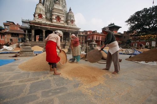 Free Traditional grain drying by women in historic temple square, showcasing cultural heritage and architecture. Stock Photo