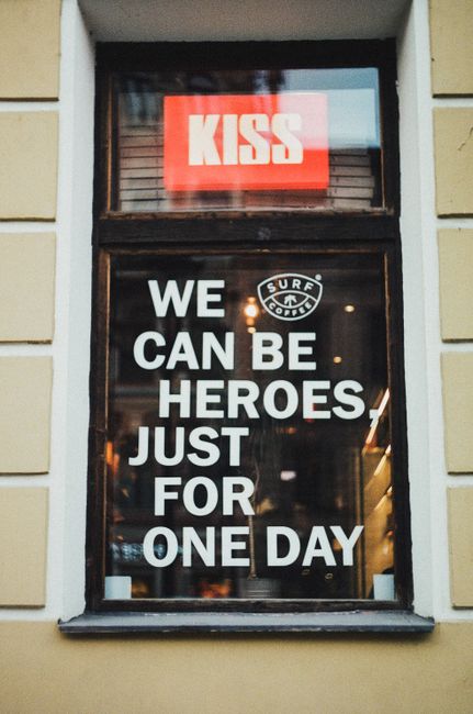 Window with motivational text in Saint Petersburg, Russia—the perfect blend of style and design.
