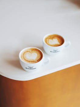 Two cups with heart-shaped latte art on a white surface, perfect for coffee lovers.