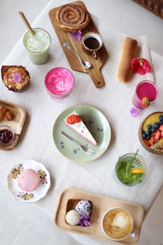 Vibrant flat lay of assorted desserts and beverages on a table setting, perfect for food photography enthusiasts.