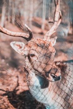A detailed close-up of a deer with antlers in a sunlit forest setting, showcasing wildlife beauty.