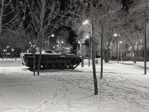 Free Grayscale Photo of a Tank Near Trees Stock Photo