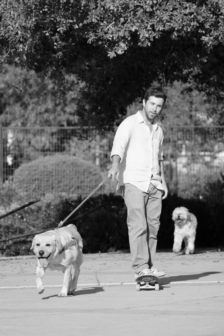 Grayscale Photo Of A Man Riding Skateboard While Holding The Leash Of A Dog