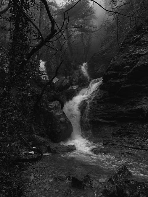 Grayscale Photo of Water Falls