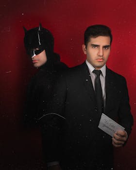 Man in a suit holding an envelope with a shadow resembling Batman on a red background.