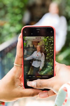 Woman taking a photo with smartphone, showcasing a lush green background, focus on the device screen.