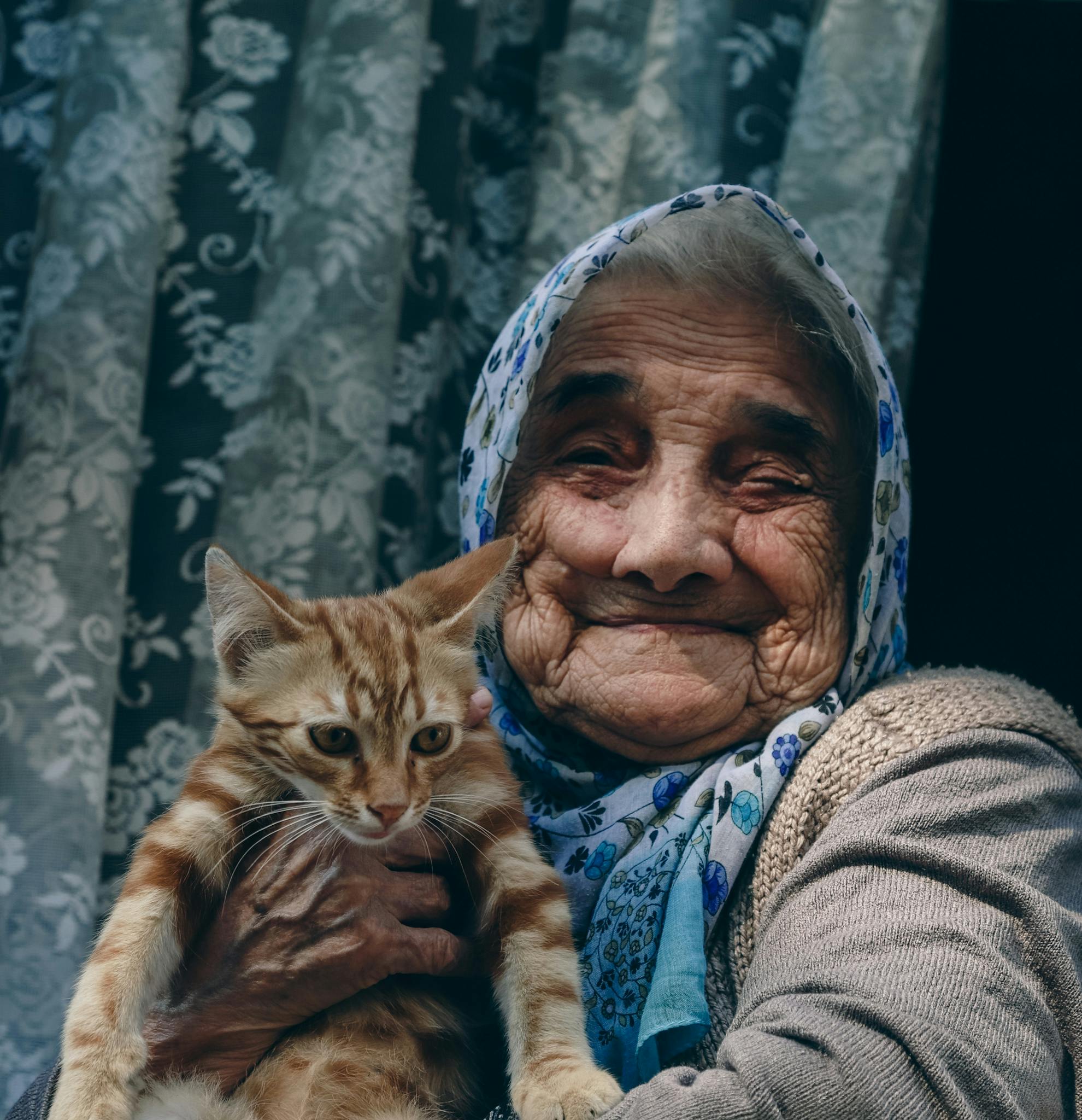 elderly woman holding a tabby cat