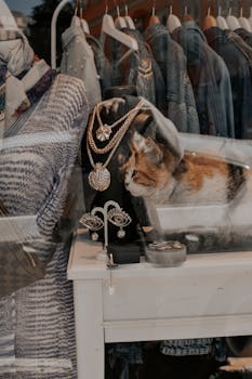 Charming fashion store window display with cat, featuring denim jackets and stylish accessories behind glass.
