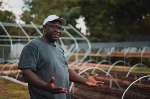 Free An adult man with glasses and a cap in a greenhouse garden, gesturing while talking. Stock Photo