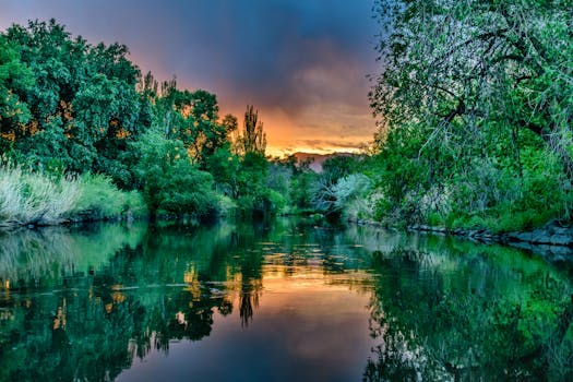 A tranquil river scene in Taylorsville, UT, showcasing lush greenery against a vibrant sunset sky.