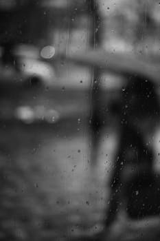 Moody monochrome image of a rainy day city scene with silhouette and raindrops.